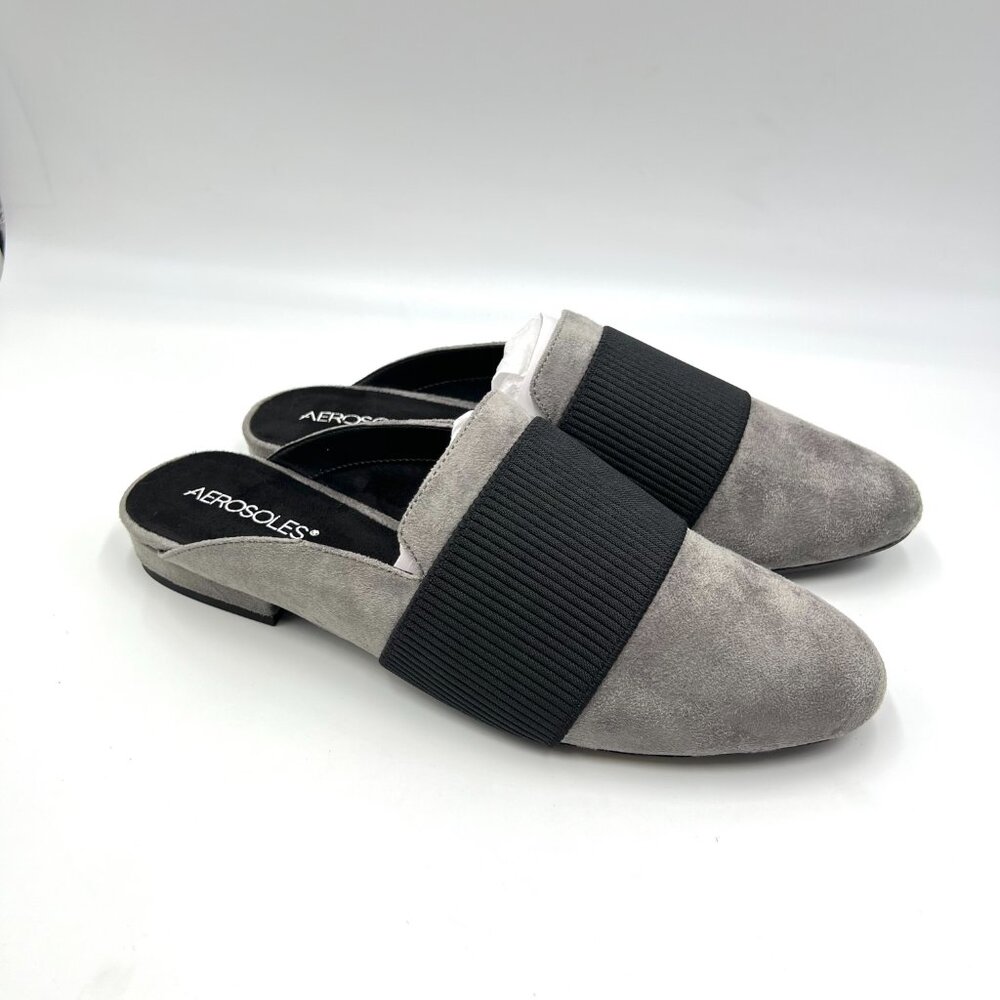 Aerosoles Womens Size 9.5 Look Out Black Gray Microsuede Mules Flats Shoes